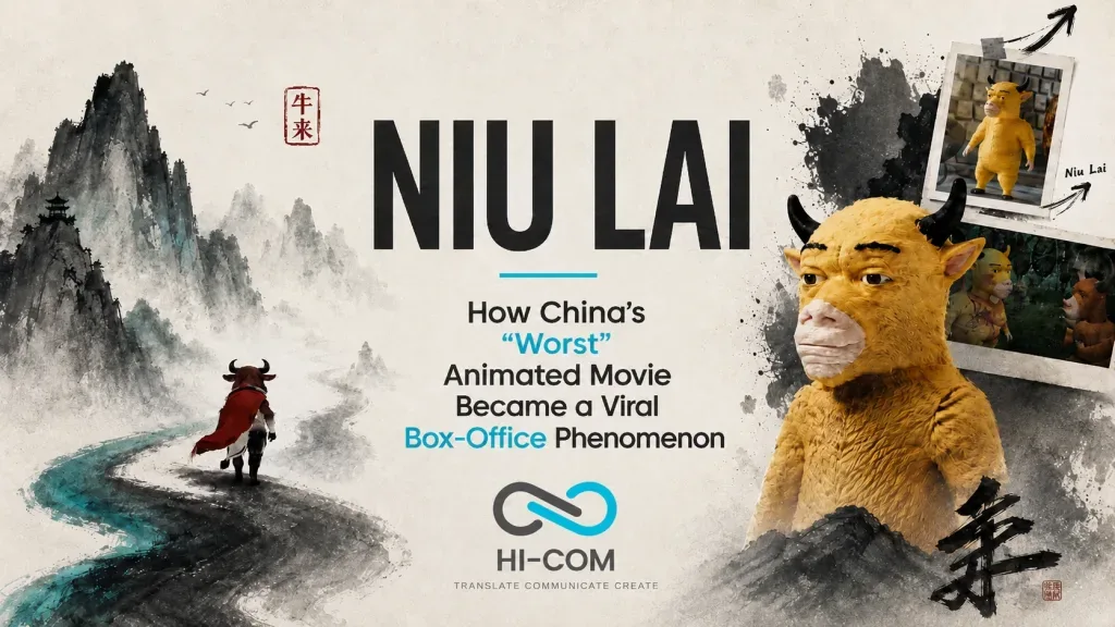 Niu Lai viral Chinese animated movie character in an editorial ink-wash collage by HI-COM