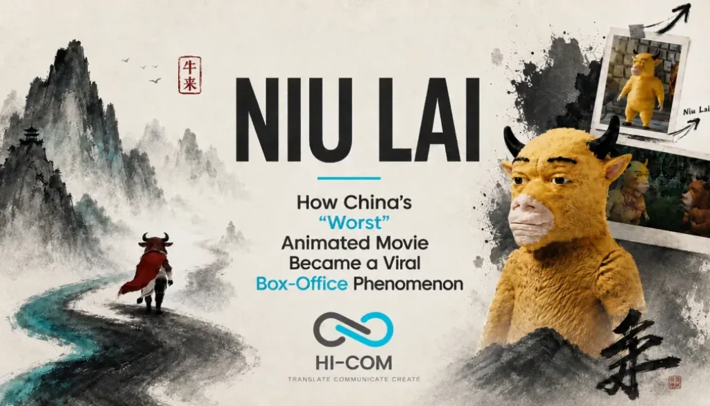 Niu Lai viral Chinese animated movie character in an editorial ink-wash collage by HI-COM
