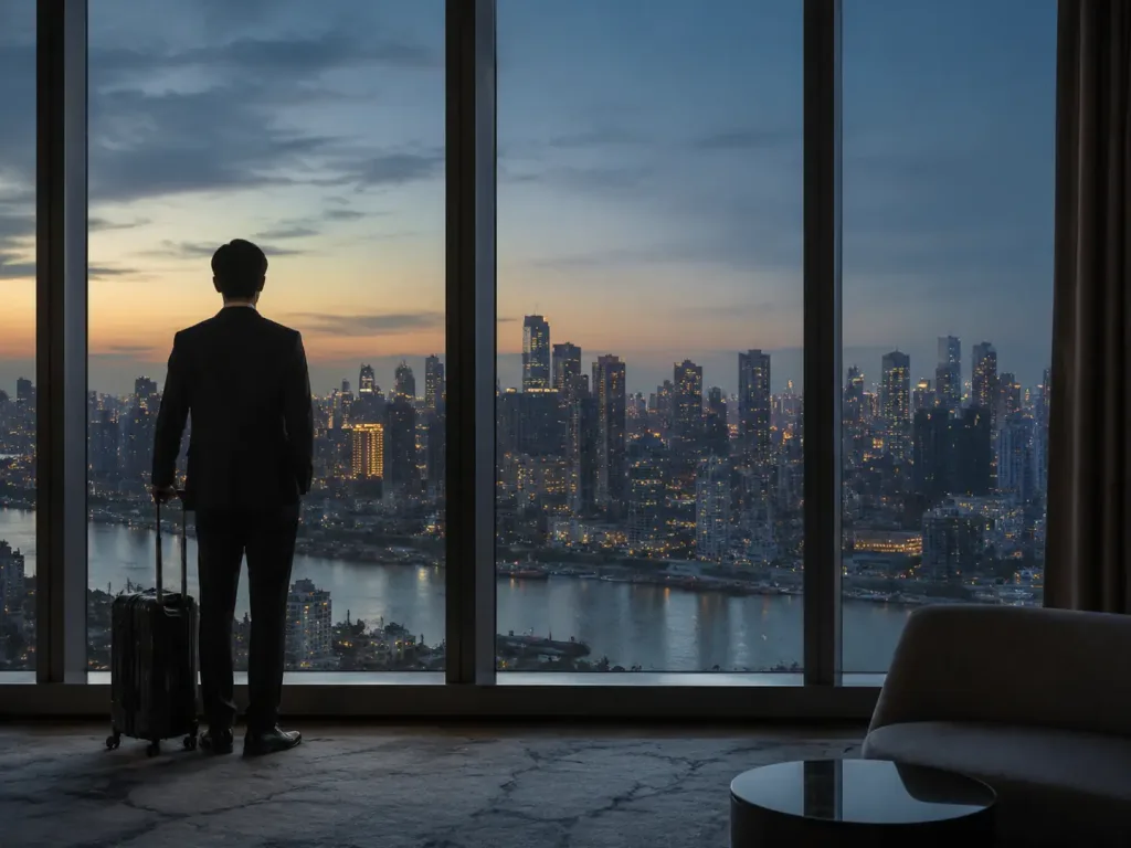 Business traveler with a suitcase looking across the Shanghai skyline at dusk.