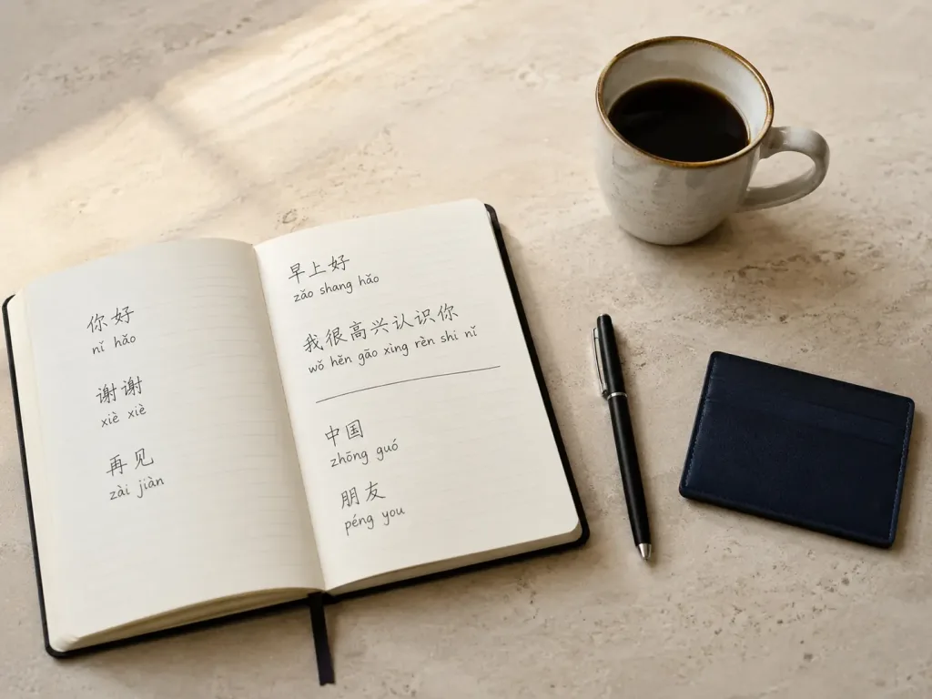 Notebook with handwritten Mandarin phrases and pinyin beside a pen and coffee cup for a China business trip.