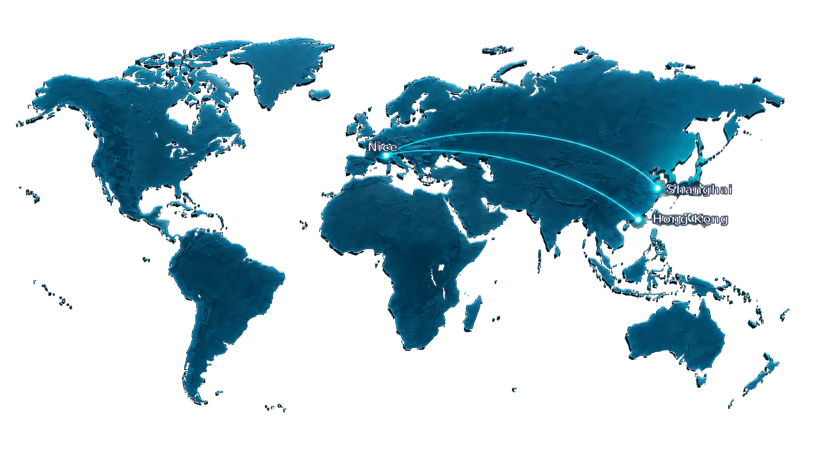 3D world map showing HI-COM office locations in Nice, Shanghai and Hong Kong.