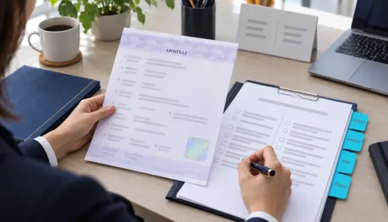 A professional organizing anonymized documents for apostille and notarization support.