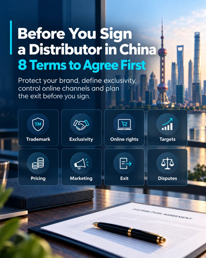 Infographic showing eight terms to agree before signing a distributor in China, including trademark, exclusivity, pricing and exit terms.