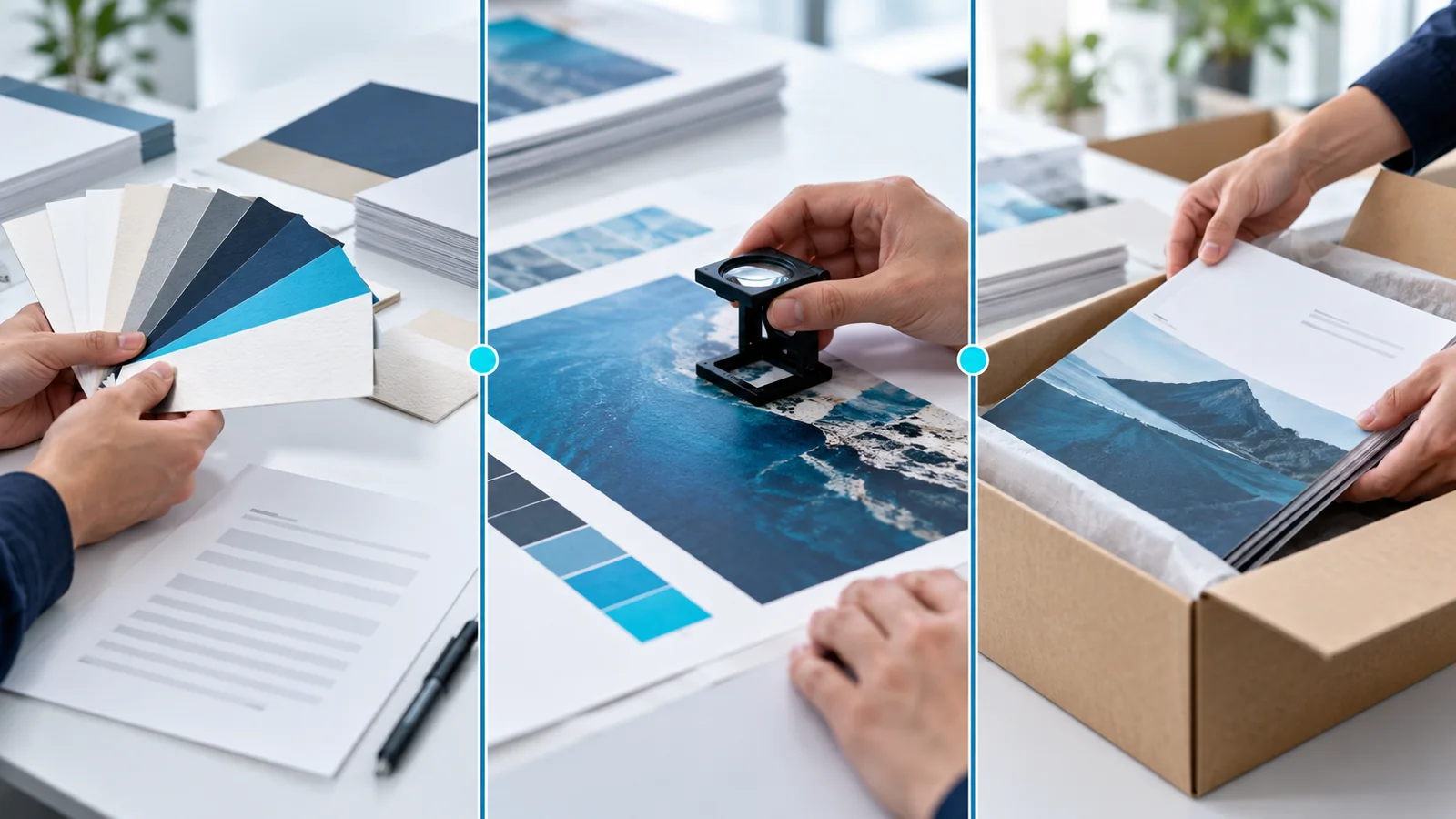 Roadmap of HI-COM's China print production process, from specification through sourcing, quality control and delivery