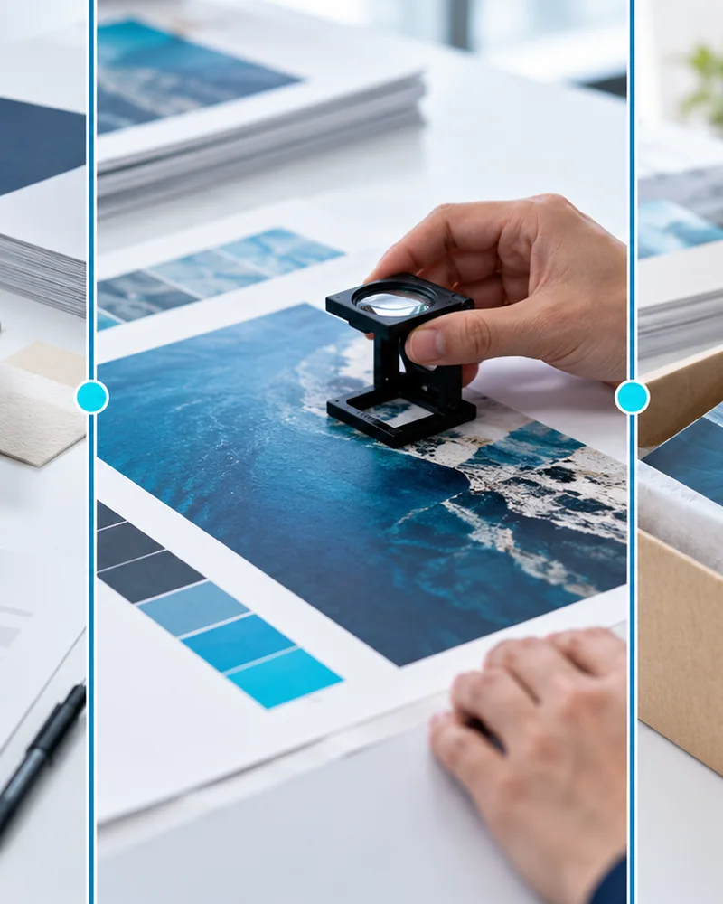 Roadmap of HI-COM's China print production process, from specification through sourcing, quality control and delivery