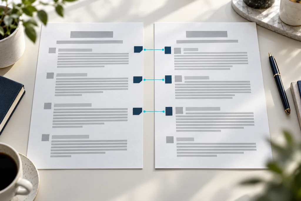 Side-by-side bilingual contract review with aligned clauses and cyan markers.