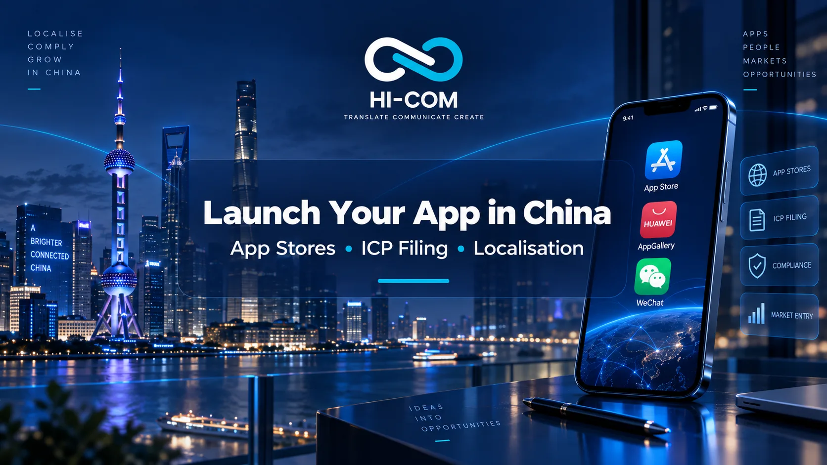 HI-COM hero banner about launching an app in China, featuring the Shanghai skyline, a smartphone with App Store, Huawei AppGallery and WeChat icons, and a market-entry message.