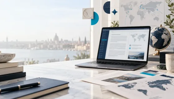 International translation workspace with abstract multilingual documents and global connections.