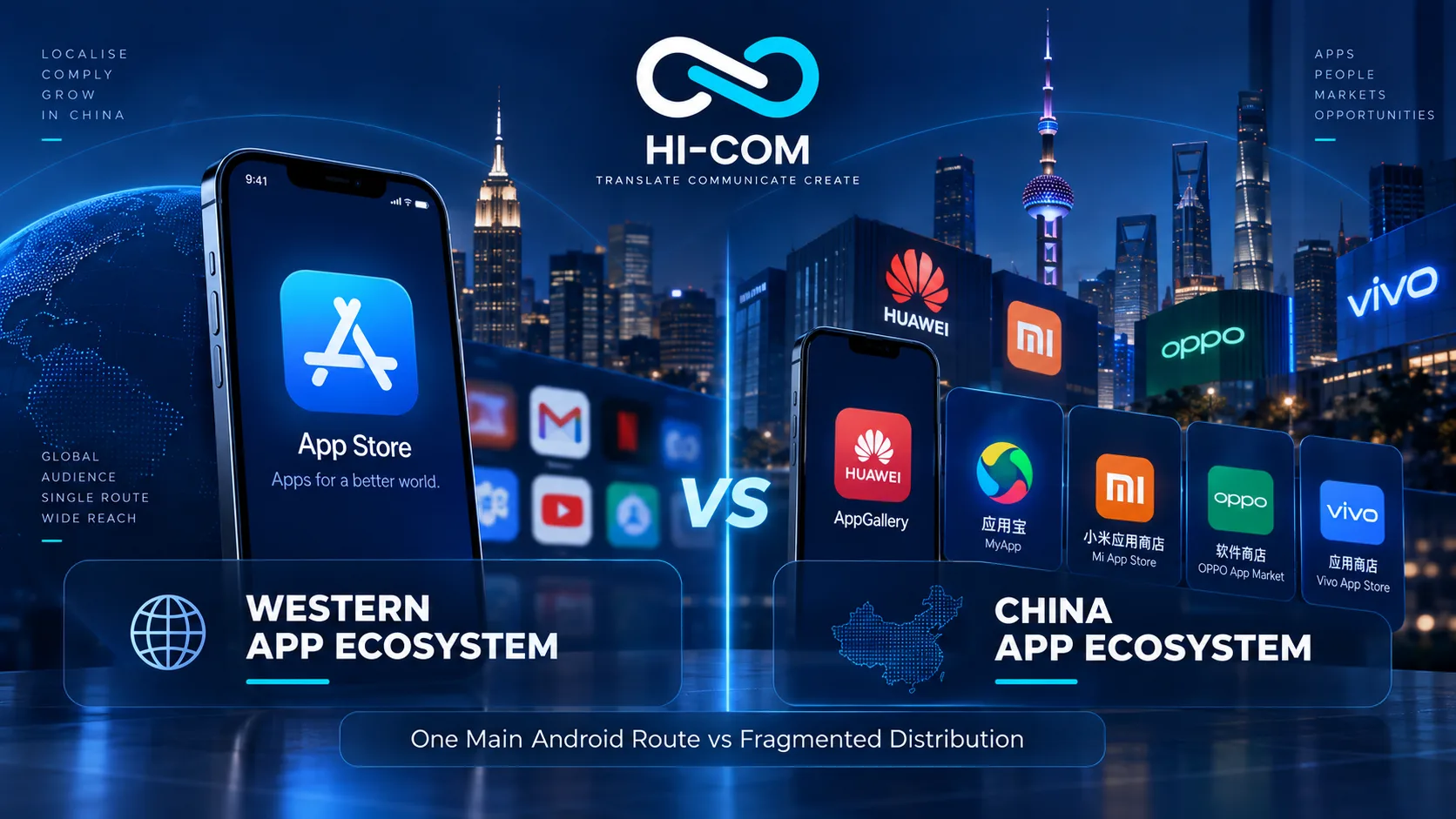 Comparison visual showing the difference between the Western app ecosystem and the China app ecosystem, with App Store on one side and major Chinese app stores on the other.