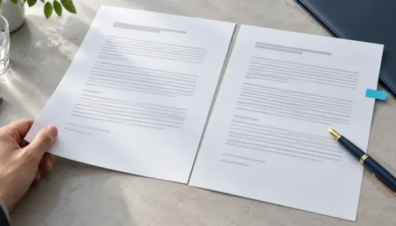 Anonymized legal contracts being reviewed side by side for professional translation.