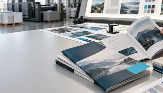 Printed brochures and proof materials undergoing quality inspection for HI-COM Asia's print production service in China.