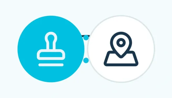 Abstract stamp and location network representing HI-COM Asia's sworn translator network.