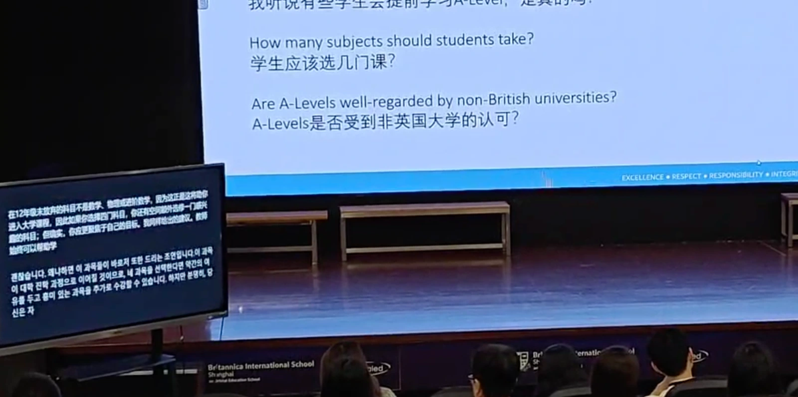 Chinese and Korean captions on a dedicated monitor beside the presentation screen at Britannica International School, Shanghai.