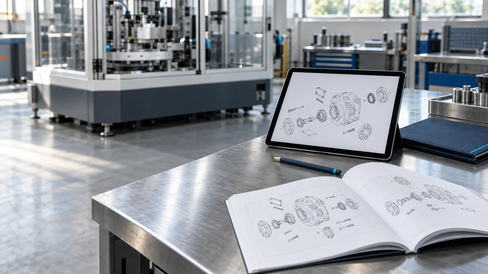 Illustrative factory workbench with an open printed instruction booklet and a tablet displaying mechanical drawings.