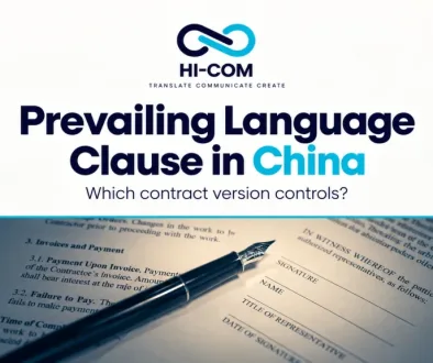 HI-COM cover for Prevailing Language Clause in China, with a fountain pen on contract forms beneath the title.