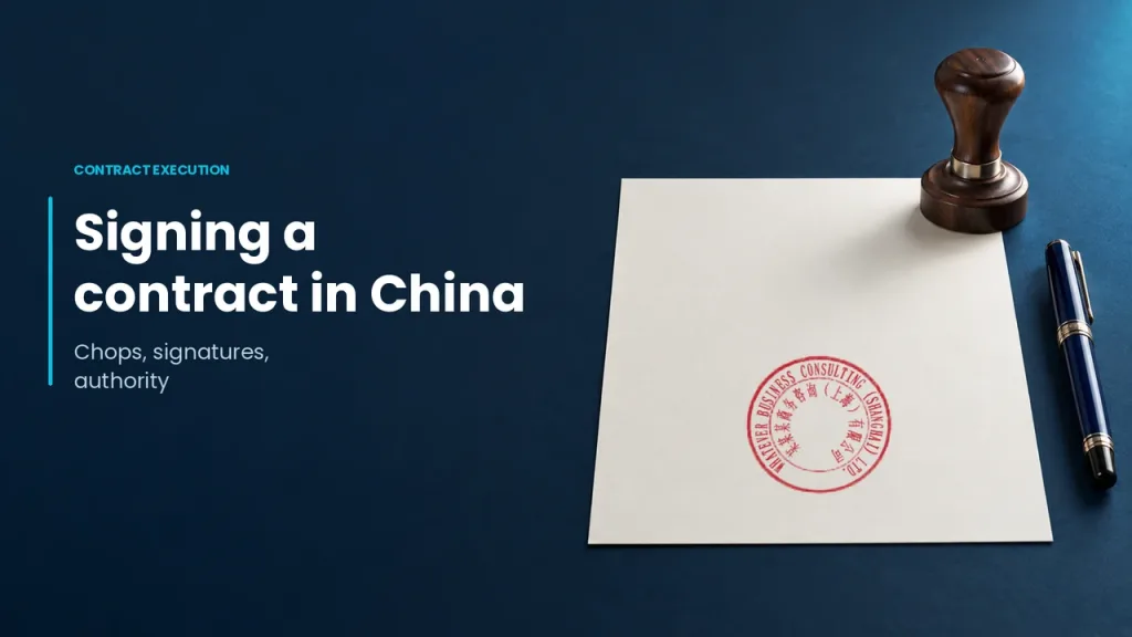 Signing a contract in China: chops, signatures and authority, with a wooden stamp, pen and real company-seal example on a document.